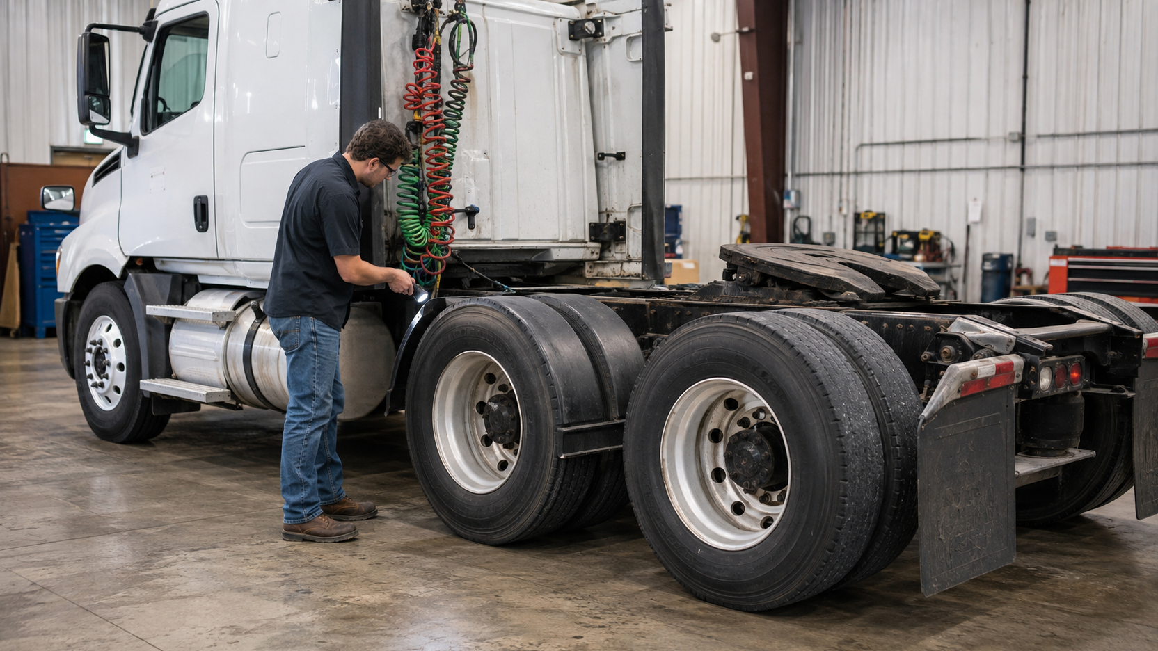 CDL trainee standing with both feet on a maintenance-bay floor and using a flashlight to inspect the inboard brake-component area behind the forward drive wheel of a realistic American Class 8 tractor with one steer axle and two rear drive axles