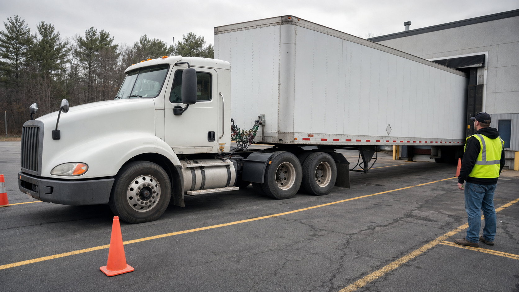 Realistic Class 8 tractor and box trailer aligned in a marked truck-training yard during an alley-dock exercise
