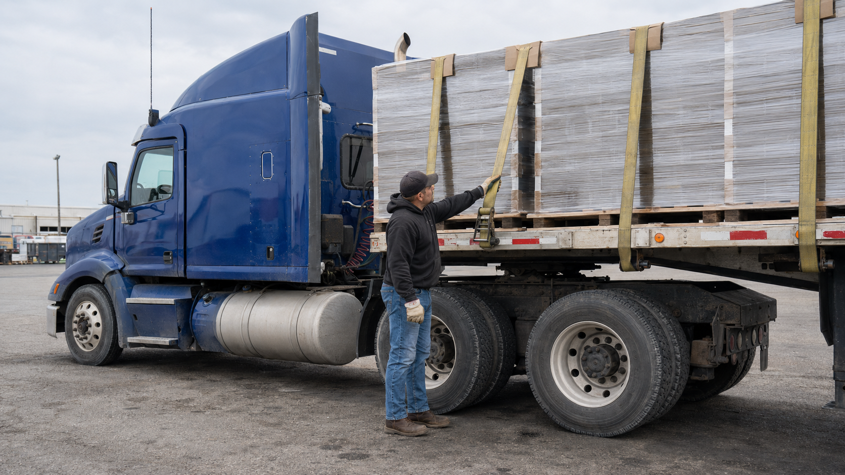 Commercial driver standing naturally on the ground inspecting a tensioned cargo strap and edge protector beside a realistic American Class 8 truck