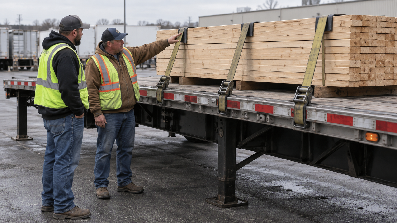 CDL instructor and trainee standing on worn pavement while inspecting three web tiedowns and edge protectors securing a lumber bundle on a flatbed trailer with all trailer axles outside the frame