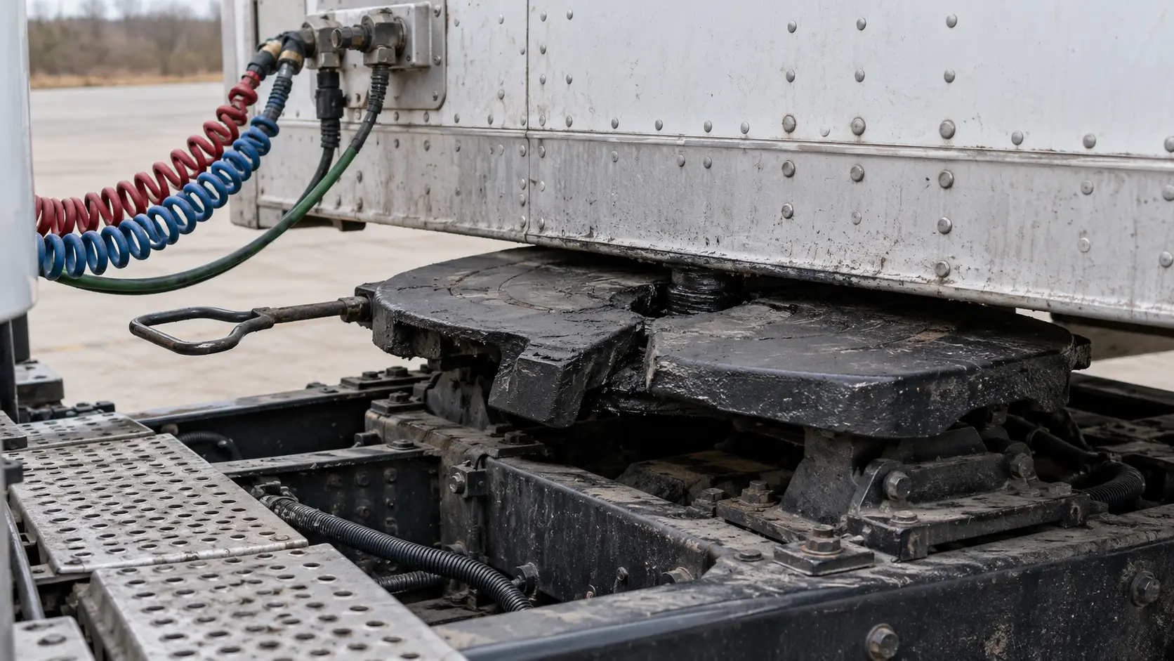 Documentary close-up of a lightly worn tractor fifth wheel correctly coupled beneath a dry-van trailer, with secured air and electrical lines and no wheels or axles visible
