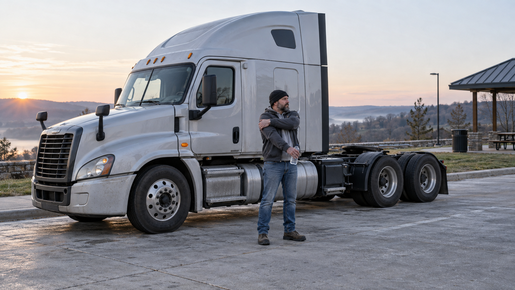Commercial driver standing with both feet on the pavement and stretching beside a lightly worn unbranded American Class 8 bobtail sleeper tractor with exactly one steer axle and two rear drive axles at a quiet rest area just after dawn