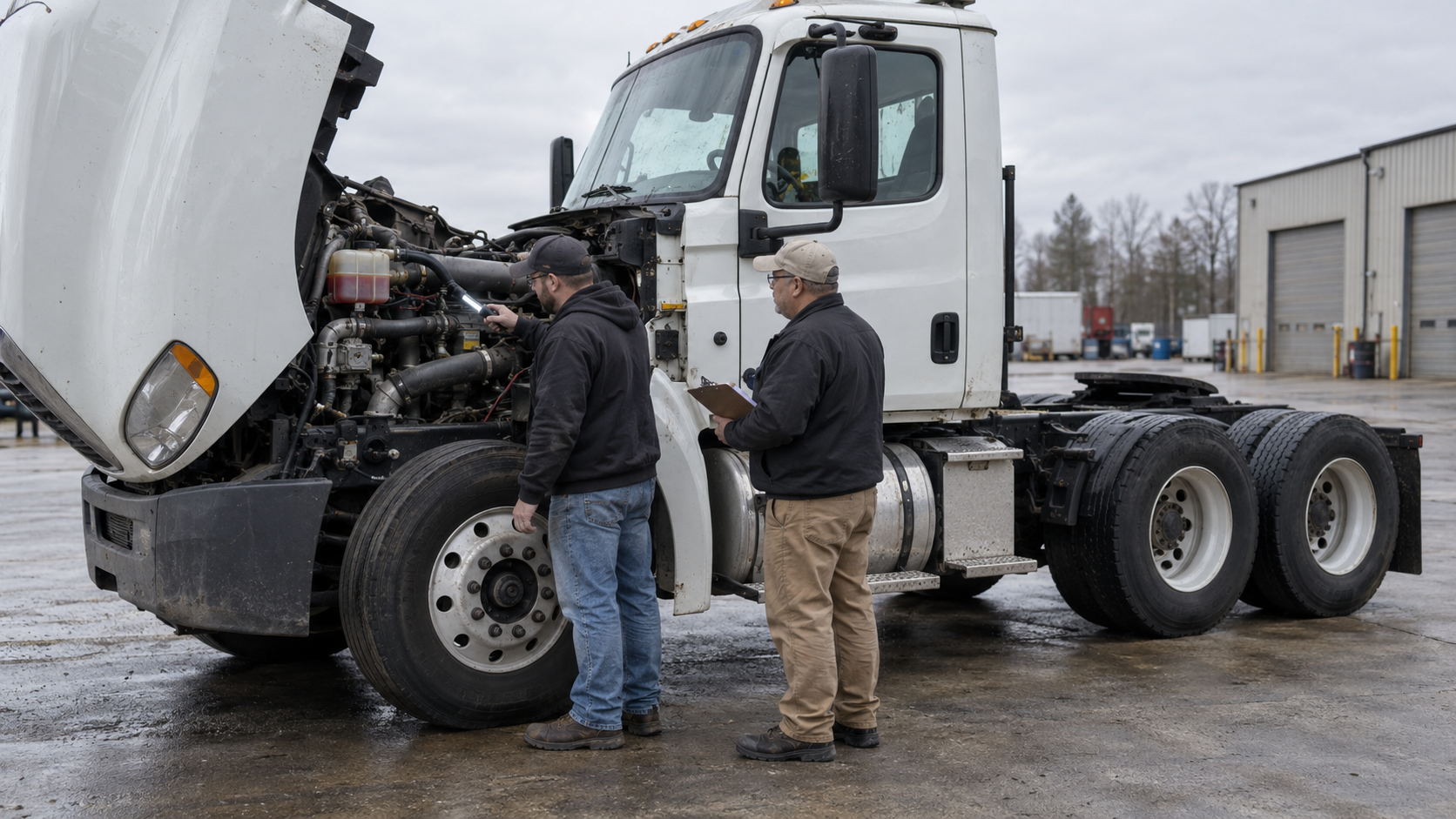 CDL instructor and trainee standing on pavement beside the open hood of a lightly worn unbranded Class 8 bobtail tractor with one steer axle and two drive axles while inspecting the engine compartment