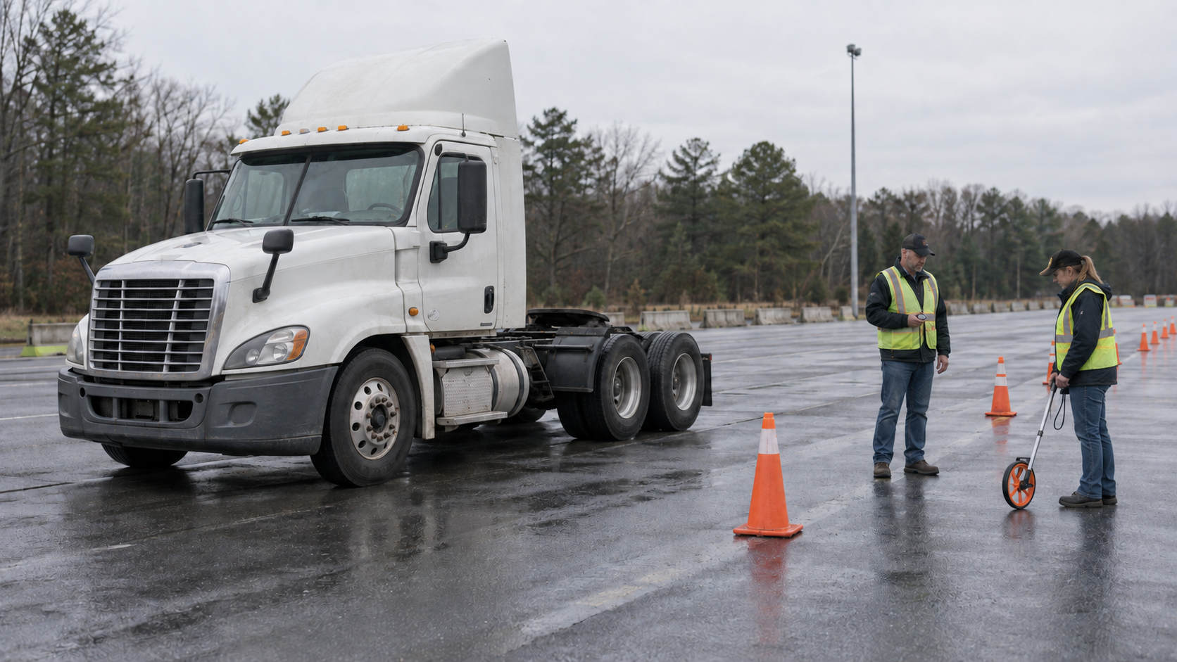 CDL instructors standing on wet pavement beside an unbranded Class 8 bobtail tractor with one steer axle and two drive axles while measuring a cone-marked following-distance exercise