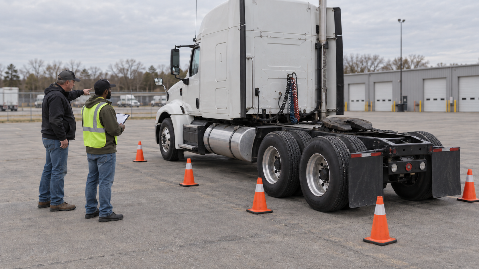Two CDL trainees standing on pavement beside a lightly worn unbranded Class 8 bobtail tractor with one steer axle and two drive axles while reviewing a cone-marked blind-area exercise