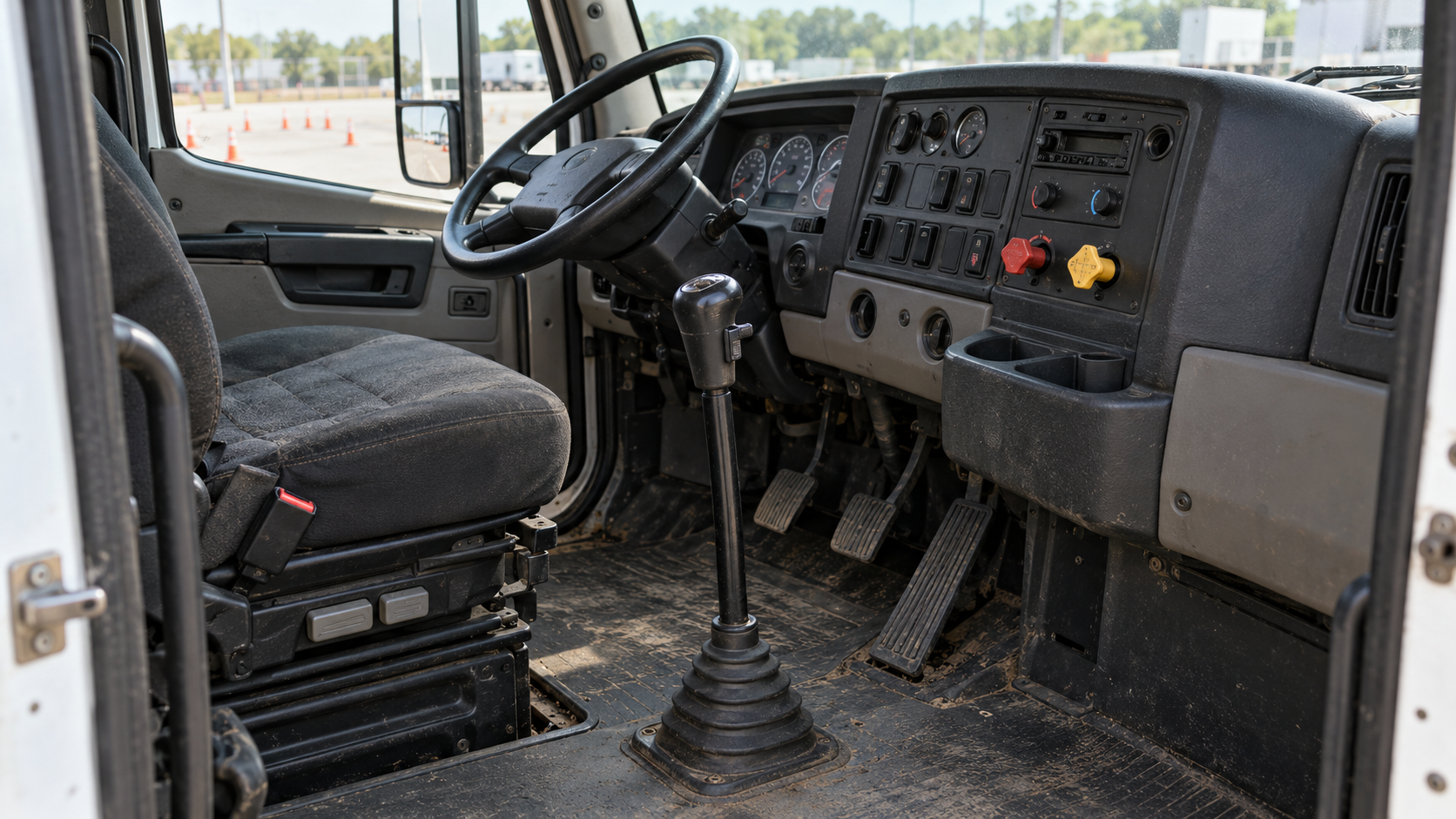 Documentary interior of a lightly worn American Class 8 manual-transmission training tractor showing three correctly arranged pedals and a tall gearshift