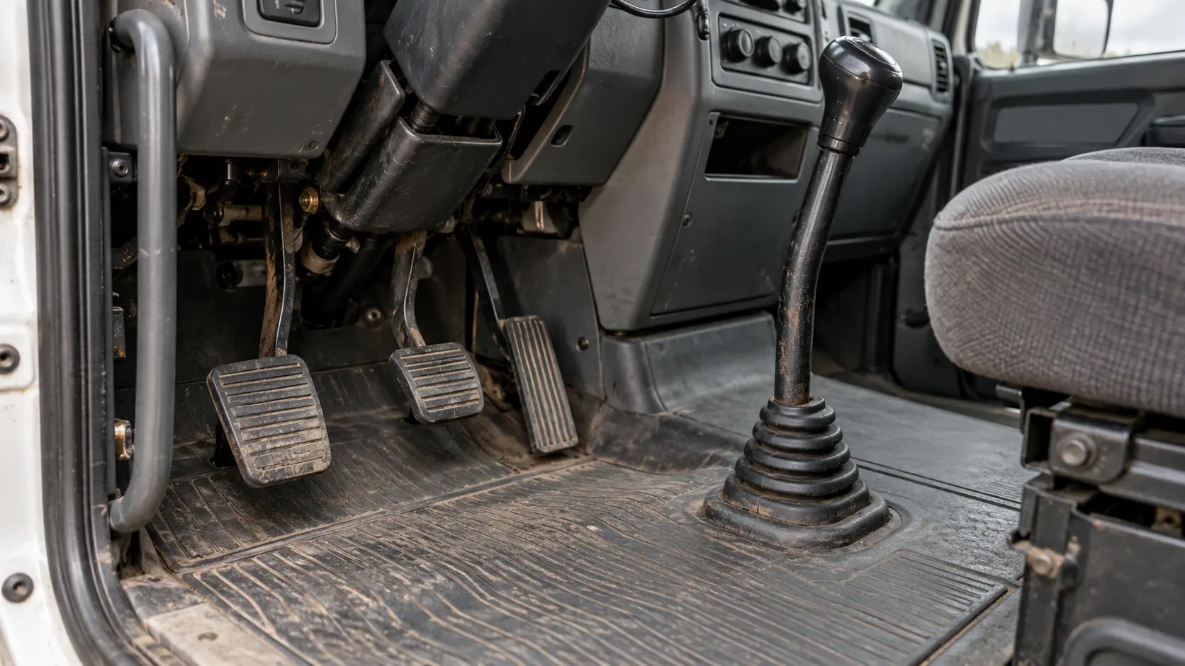 Documentary view of a lightly worn Class 8 manual-transmission cab with three correctly arranged pedals and one tall gearshift lever