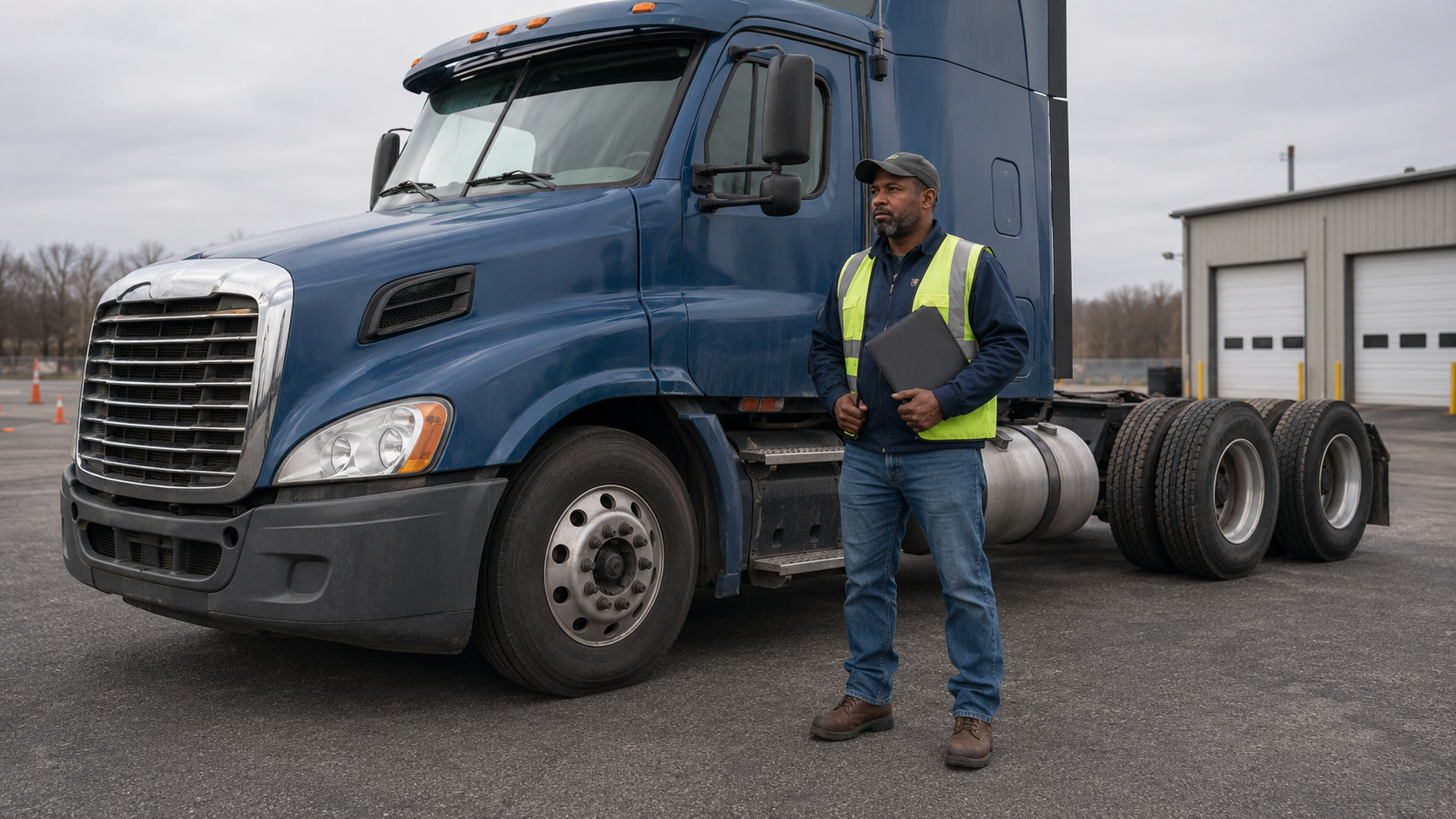 Commercial driver holding a plain unmarked document folder while standing with both feet on the pavement beside a realistic blue American Class 8 bobtail tractor with exactly one steer axle and two rear drive axles in a working truck-training yard