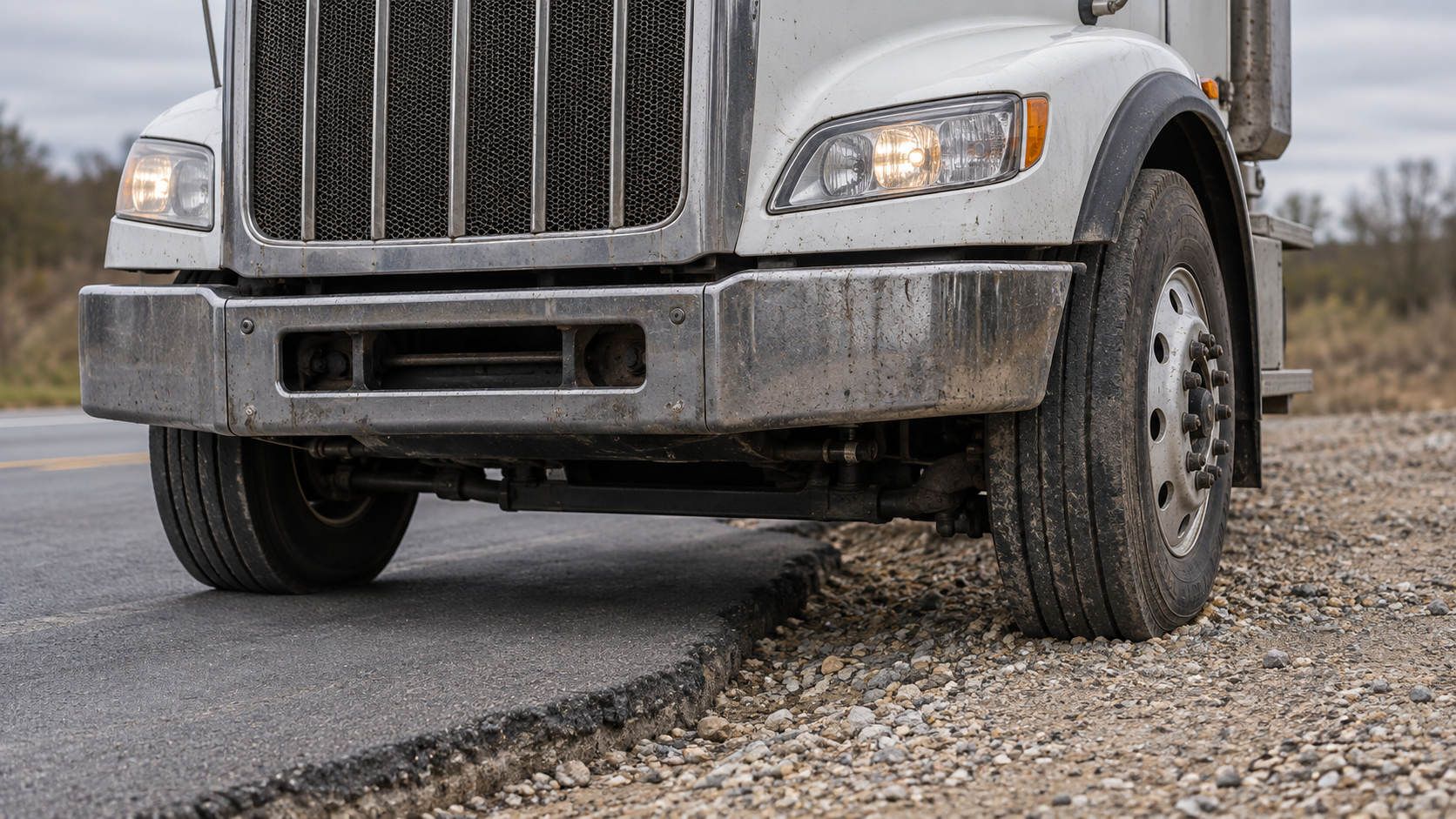 Close documentary view of a lightly worn unbranded Class 8 tractor steer axle with the right tire on a firm gravel shoulder beside a shallow pavement-edge drop-off