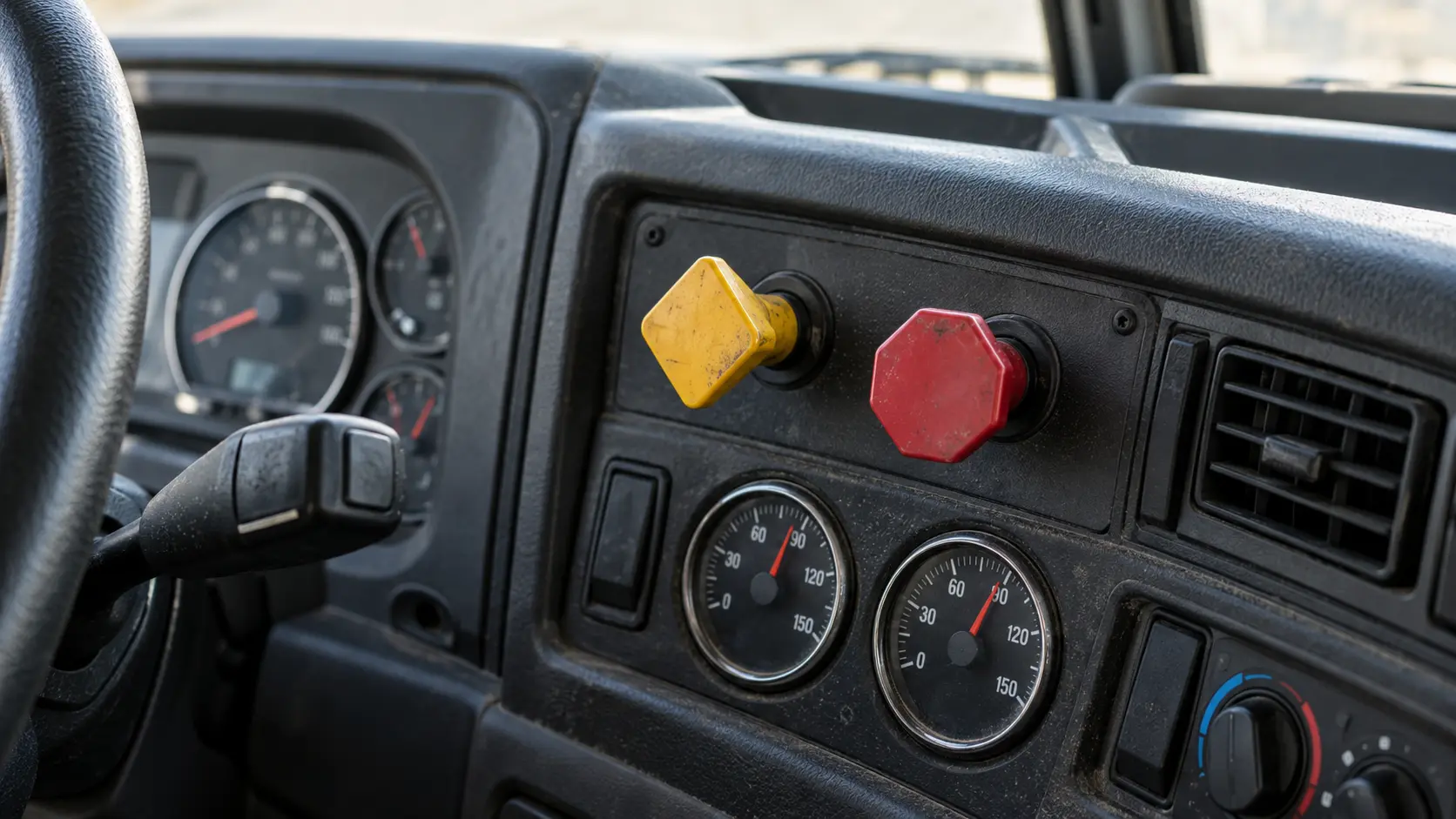 Documentary close-up of yellow tractor parking-brake and red trailer-air-supply controls beside dual air-pressure gauges in a lightly worn Class 8 truck cab