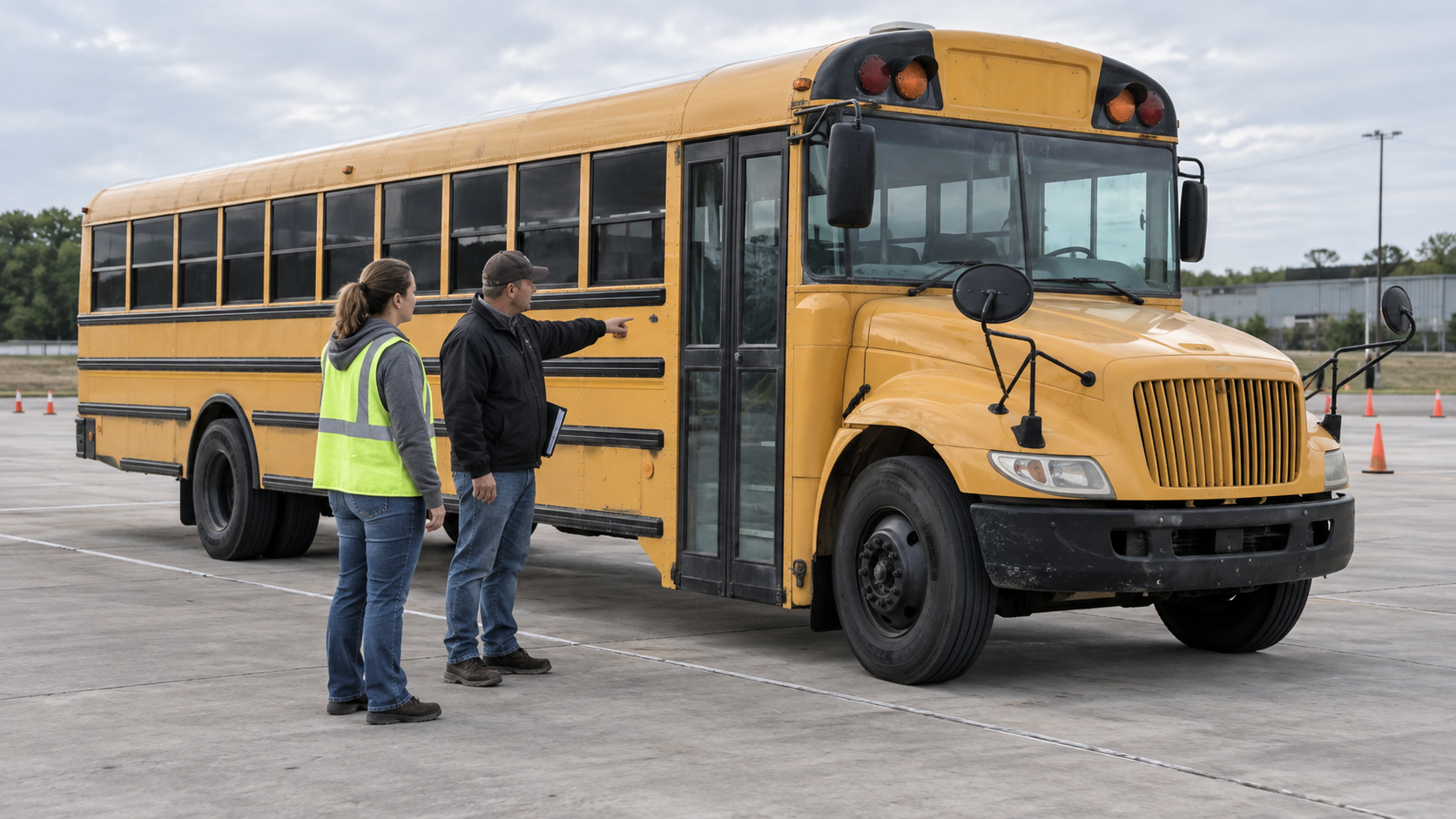 CDL instructor and adult trainee standing with both feet on a closed training pad while inspecting the passenger-entry and crossover-mirror area of a lightly worn unbranded full-size yellow school bus