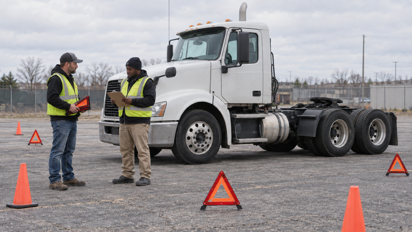 Two CDL instructors standing on worn pavement beside an unbranded Class 8 bobtail tractor with one steer axle and two drive axles during a warning-triangle post-crash training exercise
