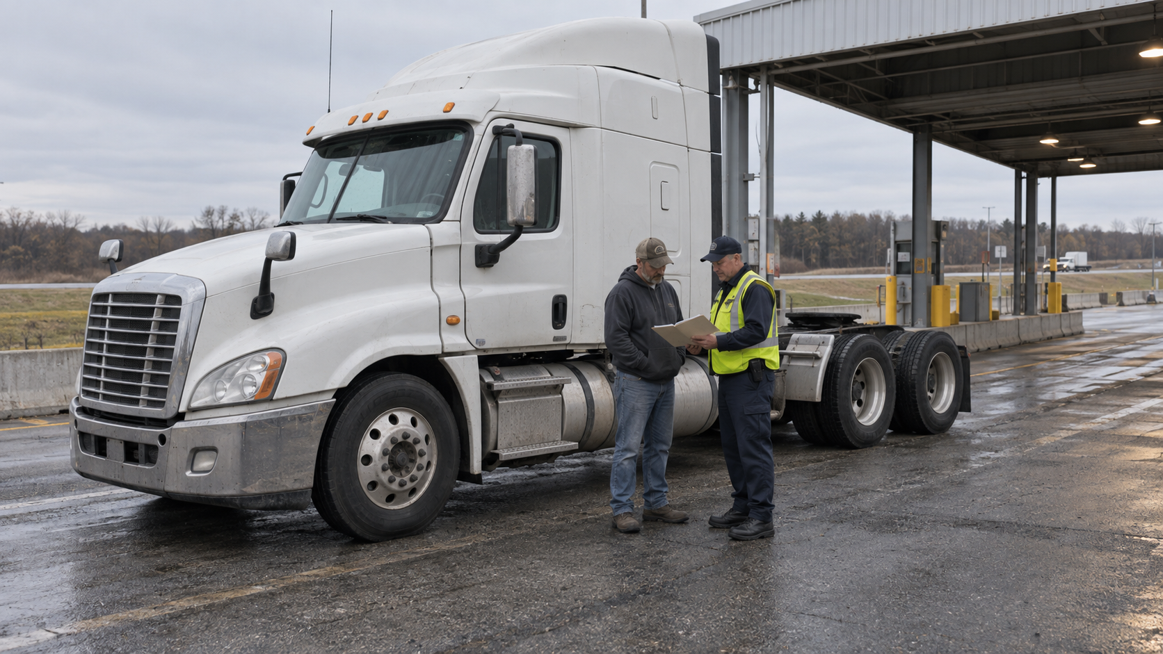 Commercial driver and safety inspector standing with both feet on wet pavement while reviewing an unmarked document folder beside a realistic unbranded white American Class 8 bobtail tractor with exactly one steer axle and two rear drive axles at a weigh-station inspection lane