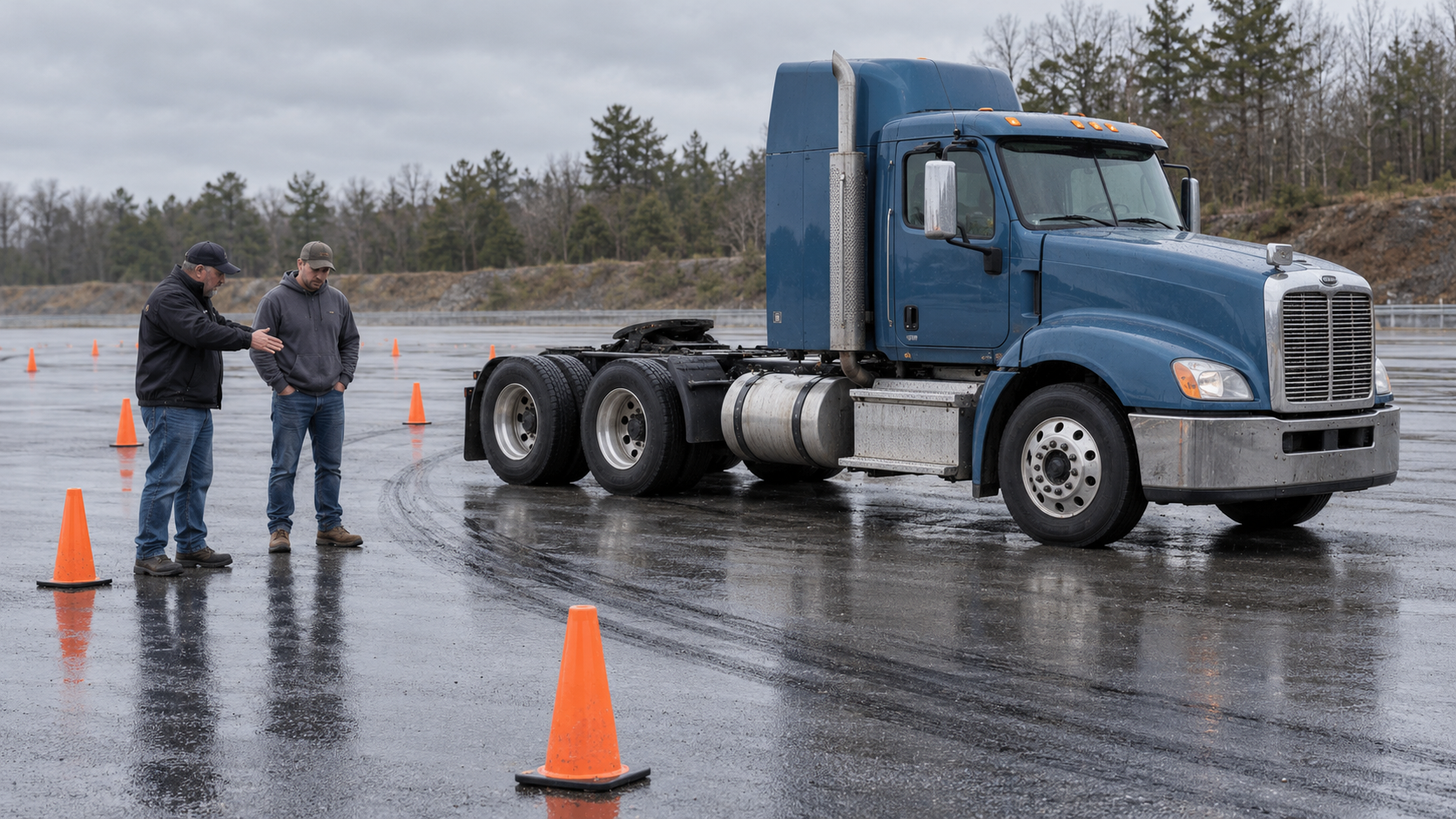 CDL instructor and trainee standing with both feet on a damp closed-course training pad beside an unbranded American Class 8 bobtail tractor with exactly one steer axle and two rear drive axles while reviewing a cone-marked skid-recovery path