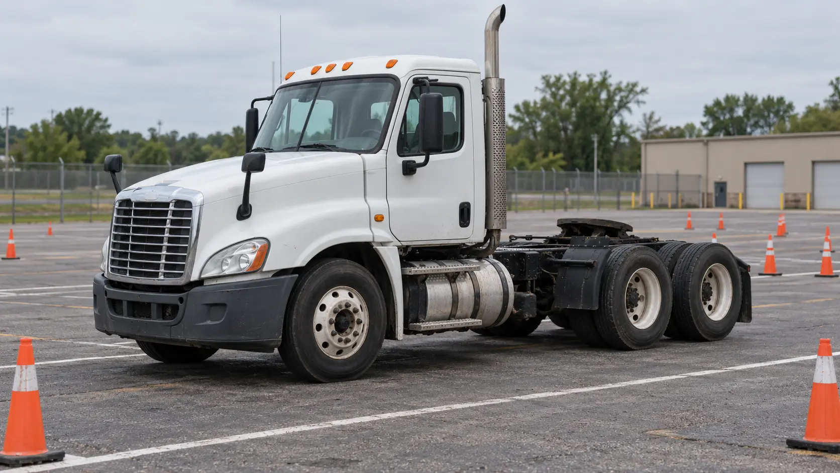 Documentary three-quarter view of a lightly worn unbranded American Class 8 bobtail training tractor with one steer axle and two drive axles on a cone-marked CDL skills range