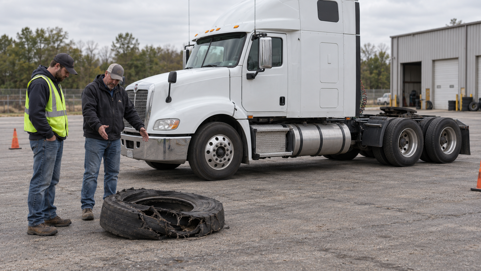 CDL instructor and trainee standing with both feet on a worn training pad beside a realistic unbranded American Class 8 bobtail tractor with exactly one steer axle and two rear drive axles while reviewing a decommissioned damaged truck tire lying flat on the pavement