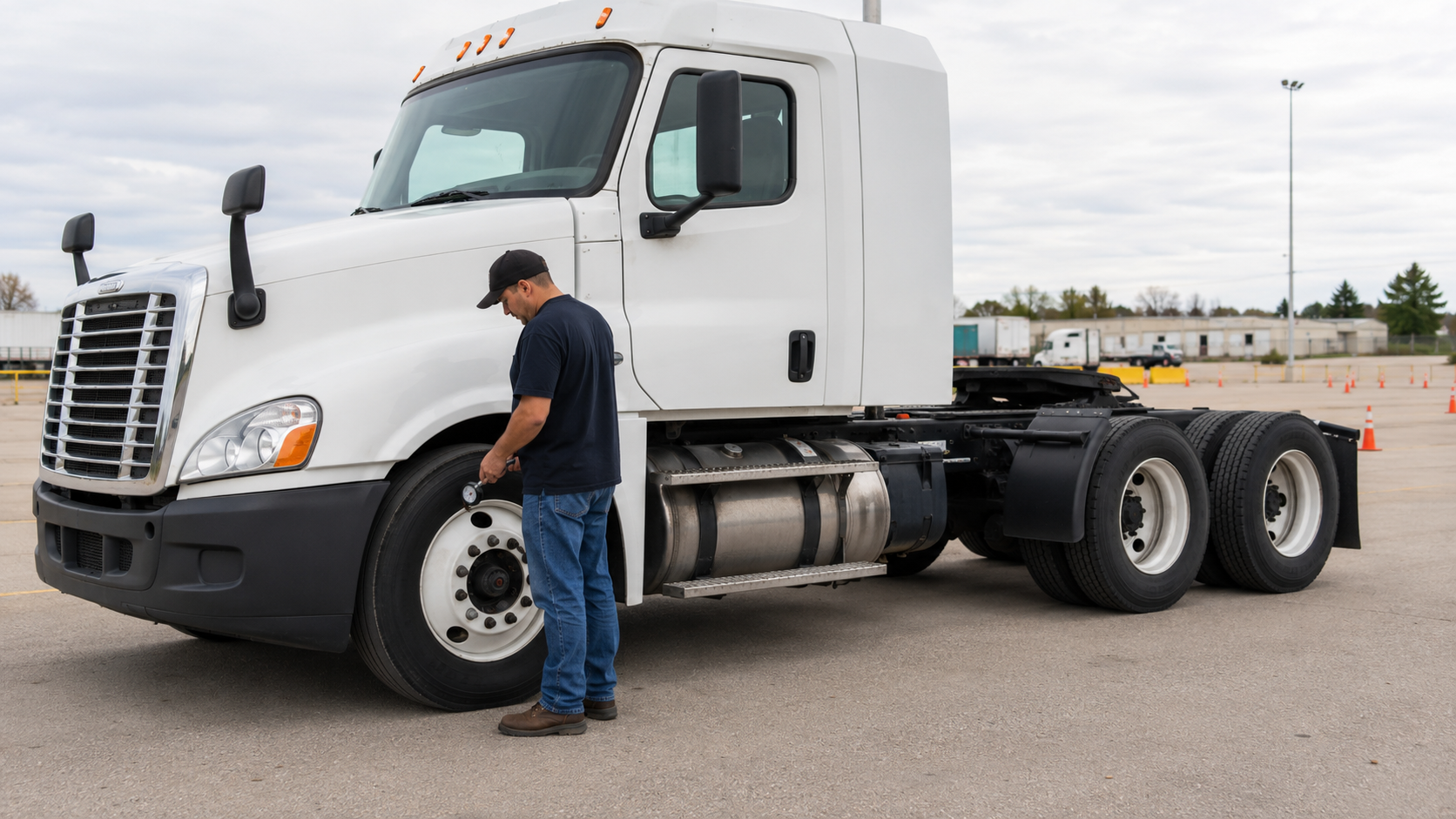 Commercial driver standing on level pavement and measuring the steer tire beside a realistic American Class 8 tractor with one steer axle and two rear drive axles