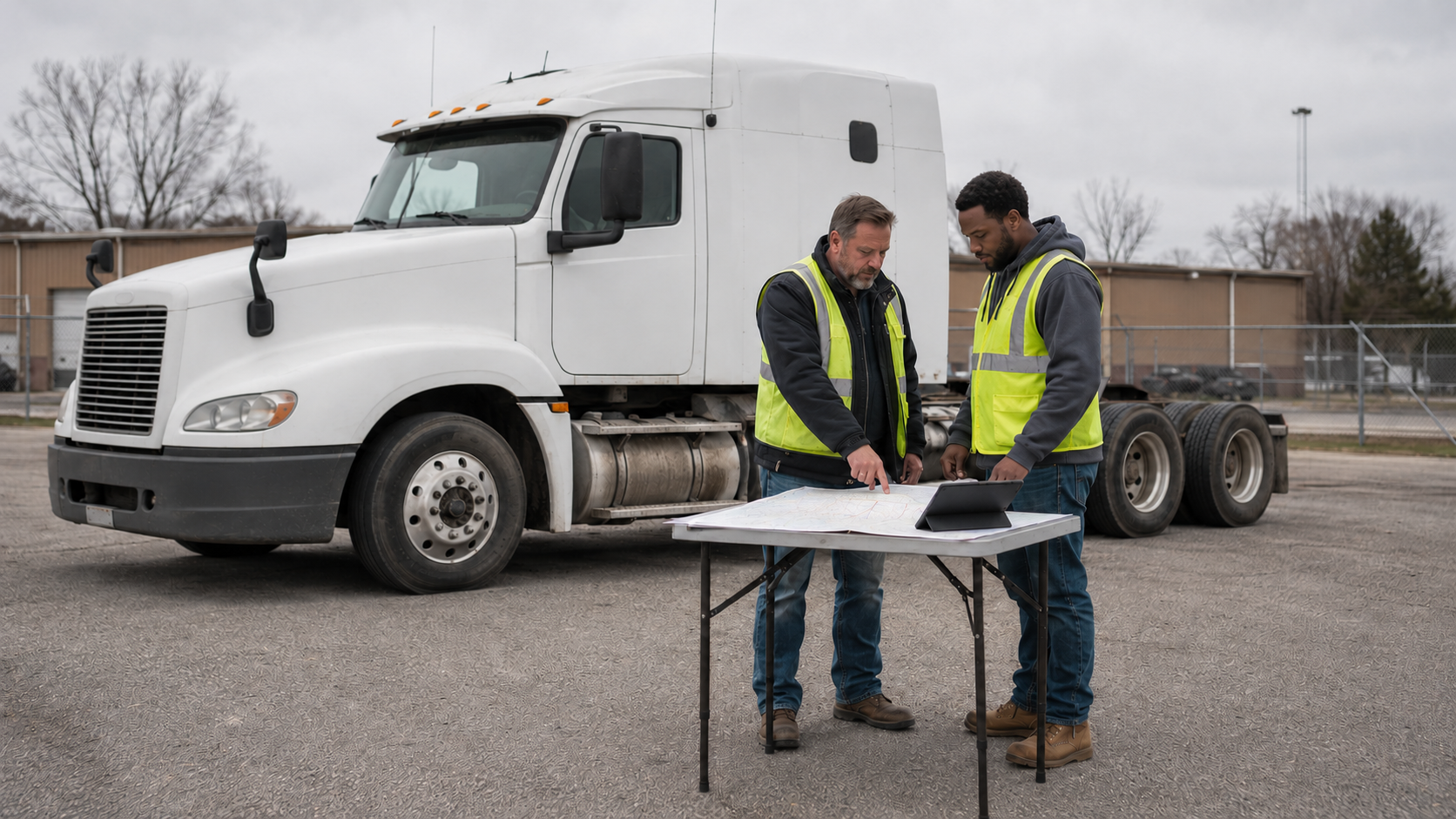 CDL instructor and trainee standing with both feet on worn pavement while reviewing an unmarked road atlas and tablet on a folding table beside a realistic unbranded white American Class 8 bobtail tractor with exactly one steer axle and two rear drive axles in a working training yard