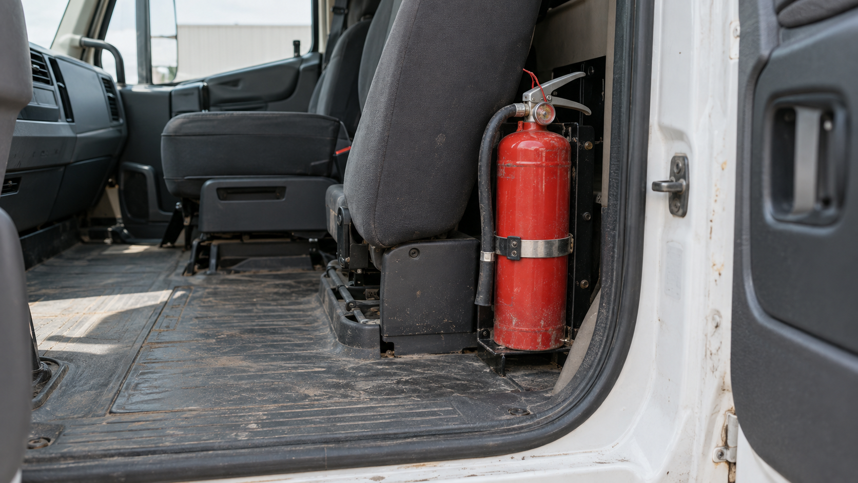 Documentary view through an open Class 8 tractor doorway showing a lightly worn red fire extinguisher securely mounted behind the passenger seat in a working training cab