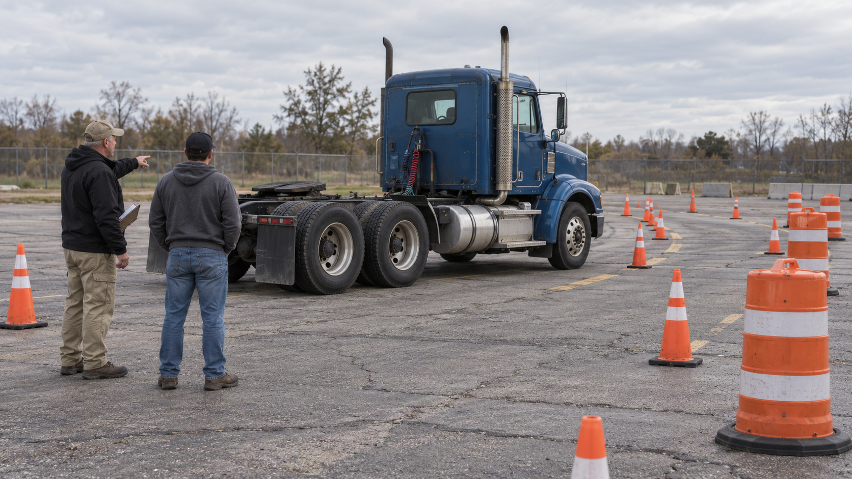 CDL instructor and trainee standing with both feet on worn pavement beside an unbranded American Class 8 bobtail tractor with exactly one steer axle and two rear drive axles while reviewing a cone-defined work-zone lane shift in a training yard