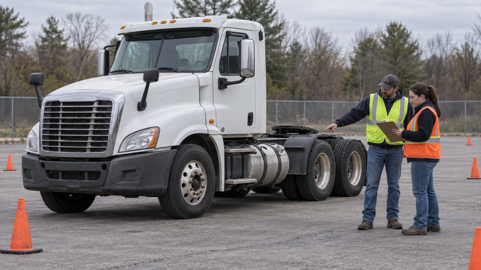 CDL instructor and trainee standing on pavement beside a lightly worn unbranded Class 8 bobtail tractor with one steer axle and two drive axles while reviewing a blank training record