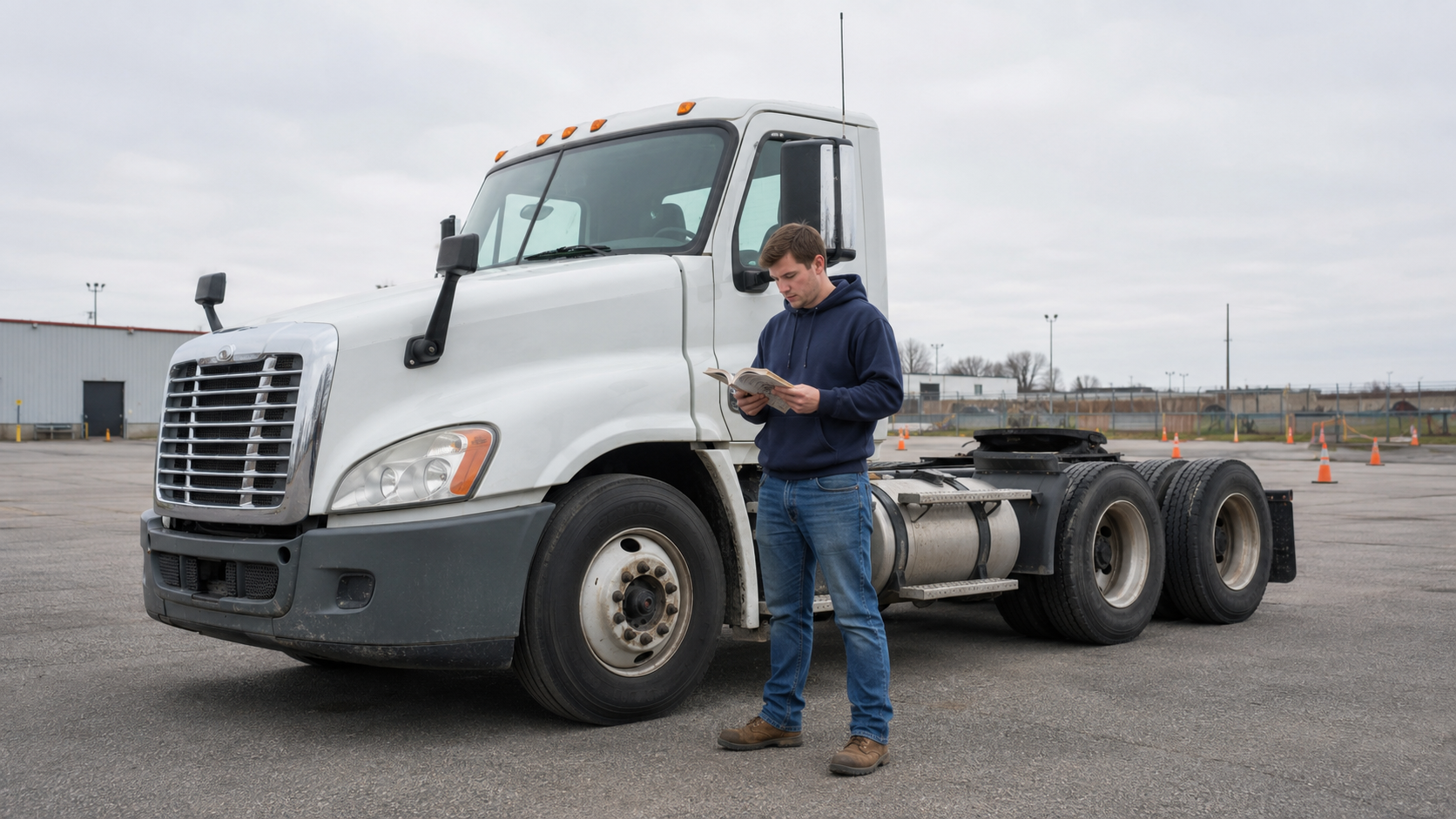 CDL student standing on pavement with an unbranded handbook beside a realistic Class 8 tractor in a training yard
