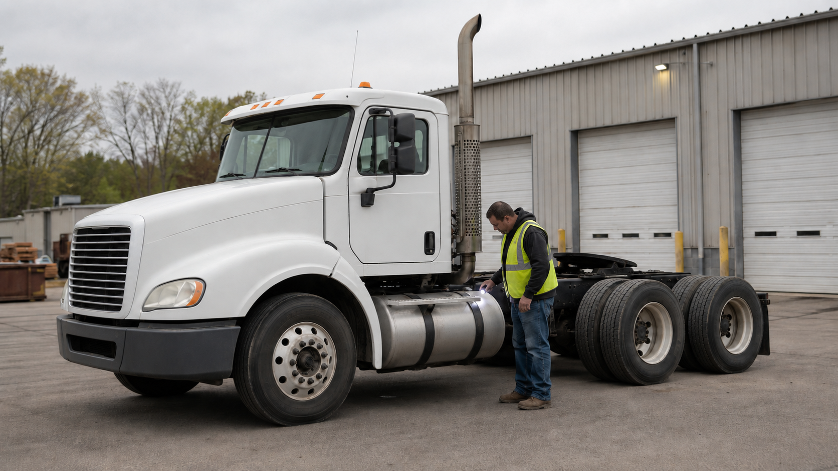 CDL trainee standing with both feet on level pavement beside the driver-side fuel tank and exhaust-stack area of a realistic American Class 8 bobtail tractor with one steer axle and two rear drive axles while inspecting mounting straps and visible lines with a flashlight