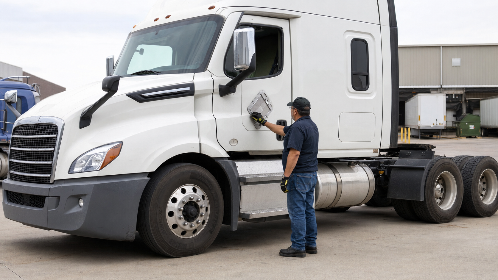 Commercial driver standing on pavement and reviewing cargo documents beside a realistic Class 8 tractor at a freight terminal