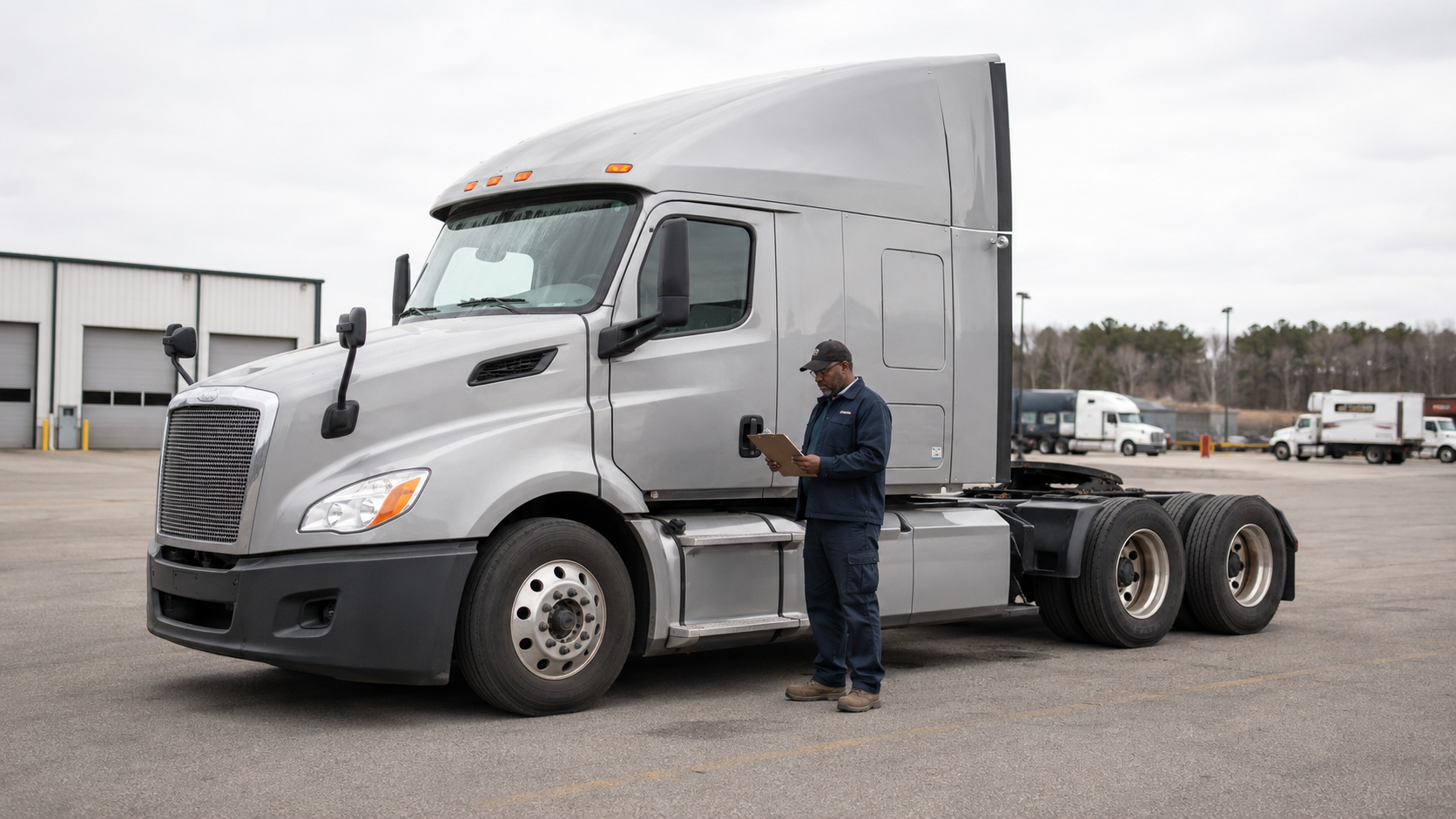 Commercial driver standing on pavement with a clipboard beside a realistic American Class 8 tractor with one steer axle and two rear drive axles