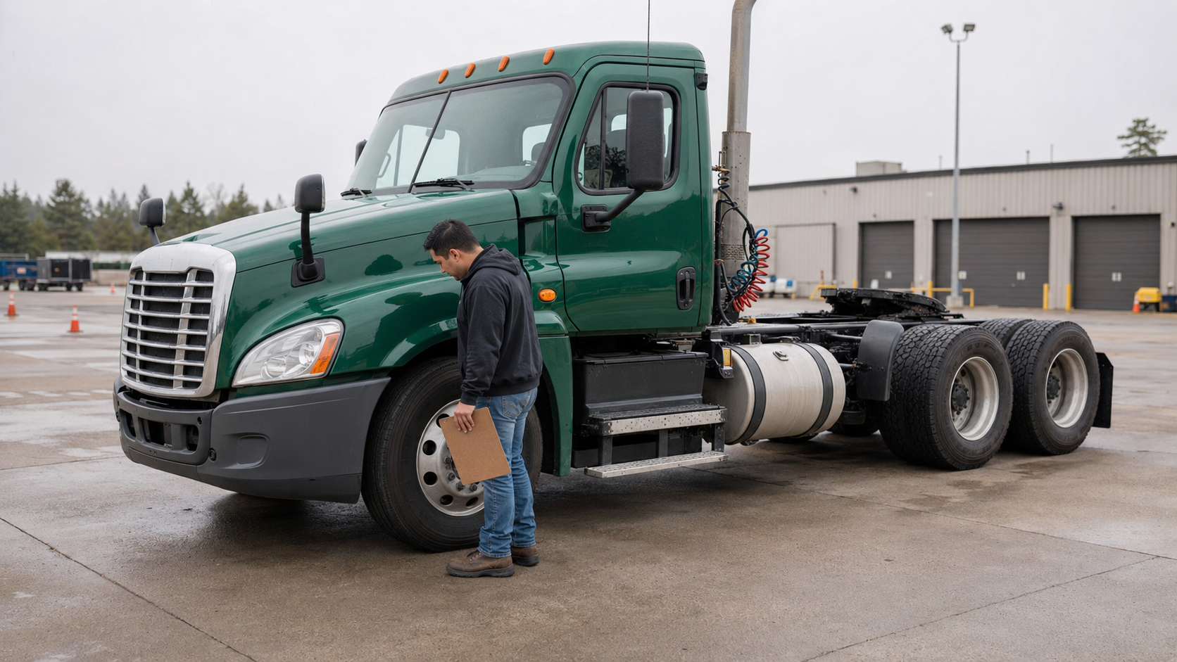 Commercial driver standing on level pavement and inspecting a realistic American Class 8 tractor with one steer axle and two rear drive axles at the end of a workday