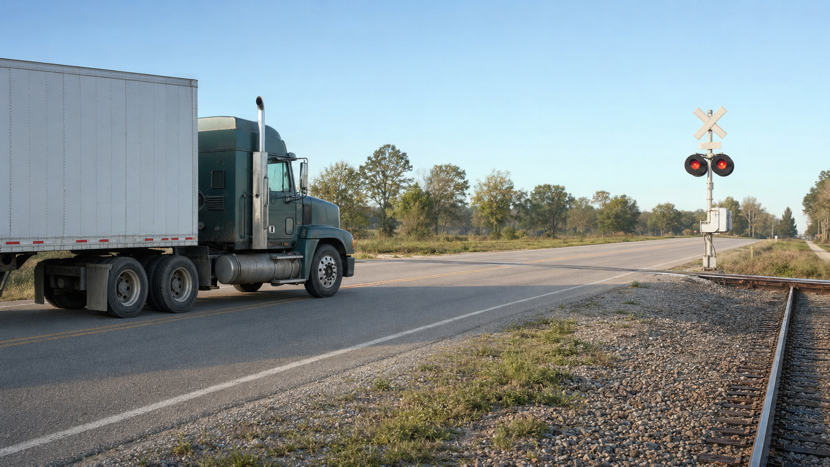 Realistic American Class 8 highway tractor with one steer axle and two rear drive axles stopped safely before a rural railroad grade crossing