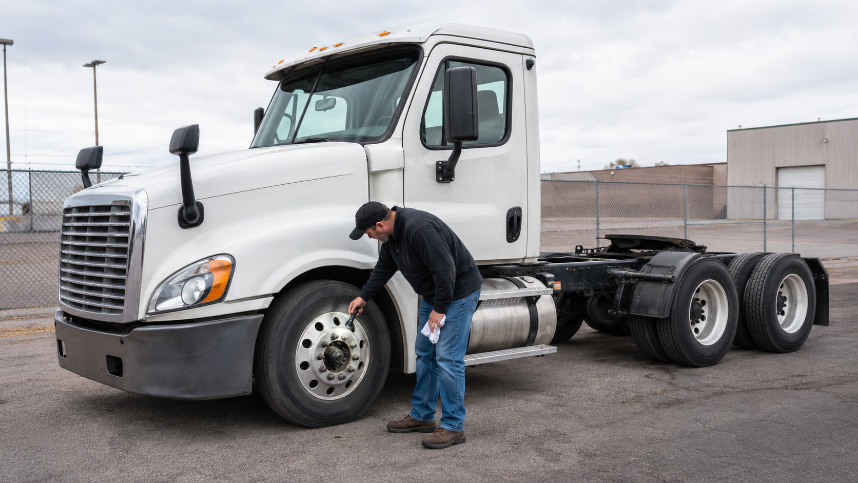 CDL trainee standing with both feet on level pavement and inspecting the steer wheel rim and lug nuts of a realistic American Class 8 tractor with one steer axle and two rear drive axles