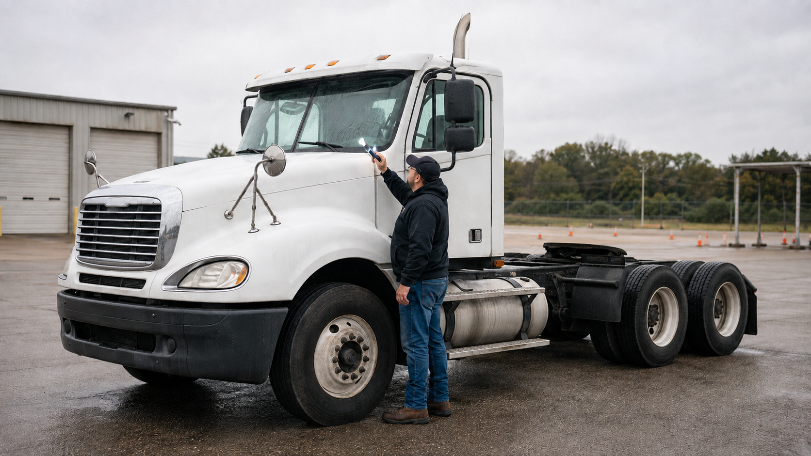 CDL trainee standing with both feet on level pavement beside a realistic American Class 8 bobtail tractor with one steer axle and two rear drive axles while inspecting the lower windshield, wiper and driver-side mirror area